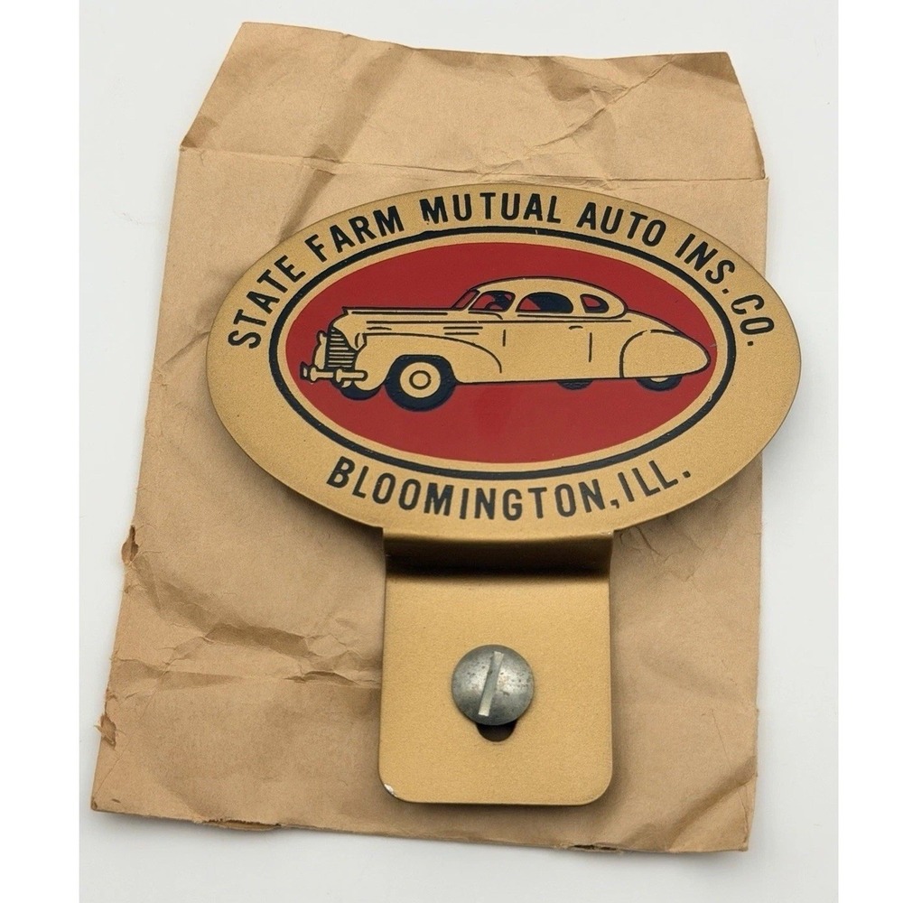 Vintage 1940s State Farm Insurance Car Metal License Plate Topper Bloomington IL